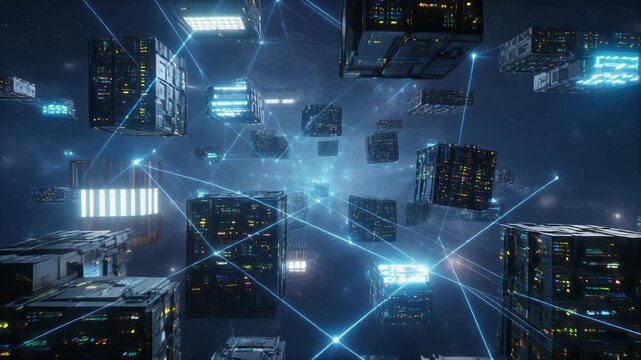 Floating Server Blocks in Zero Gravity Connected by Energy Beams, Sci-Fi Tech Loop