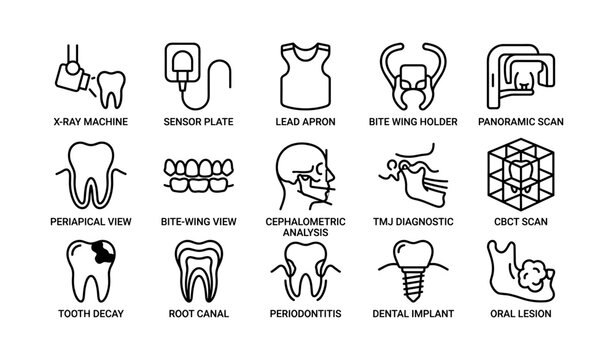Dental radiography and oral condition icons arranged in grid