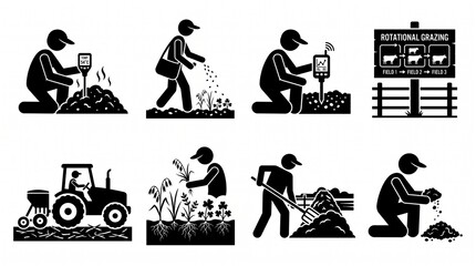 Fototapeta premium Smart Agriculture and Modern Farming Methods Stick Figure Icon Set
