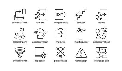 Fototapeta premium Emergency evacuation icons showing exits and safety equipment on white