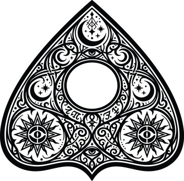 Ouija board planchette with moon and eye symbols