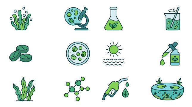 Green Algae Biofuel Icons Set: Science, Nature, Energy, and Research Collection