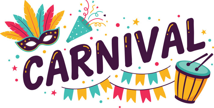 Colorful carnival festival lettering vector featuring masquerade mask drum flags confetti and celebration design elements illustration