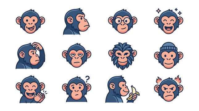 Cute Monkey Emoticons Set, Funny Animal Faces, Different Emotions