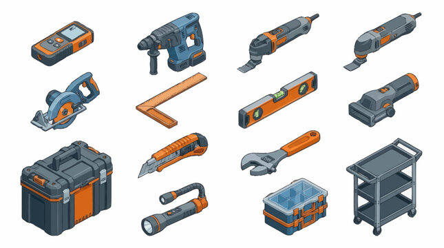 Colorful collection of power tools and equipment.