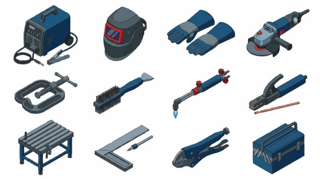 Collection of welding tools and equipment on display.