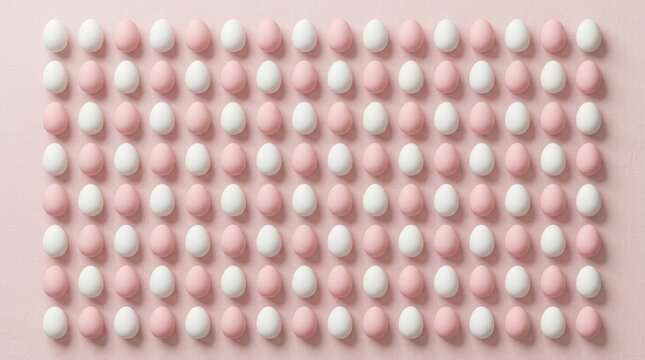 Rows of pink and white candy or chocolate easter eggs on pastel background