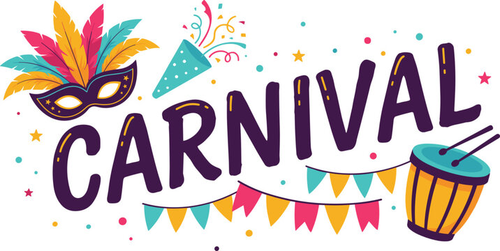 Carnival celebration typography vector with festive mask drum bunting confetti party decorations isolated on white background