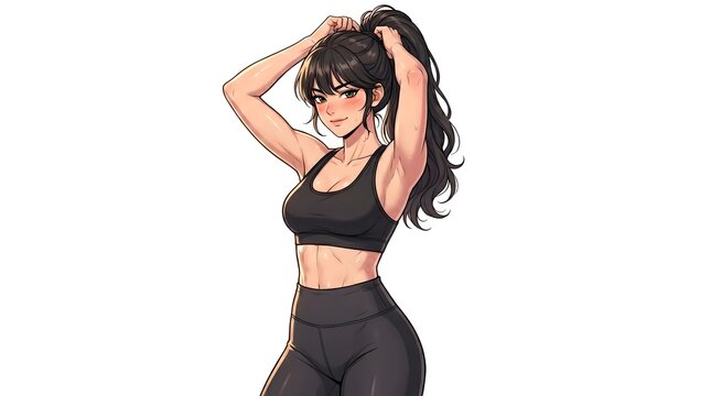 Anime style 2D illustration of a sweaty athletic woman tying her hair on white background.