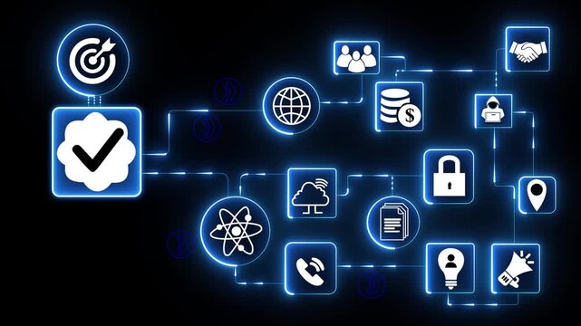 Surveillance system interface with glowing blue security icons connected in digital network layout showing monitoring activity on dark background.4k digital animation