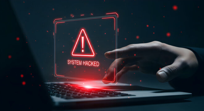 Cyber security hack alert with digital warning sign on laptop screen