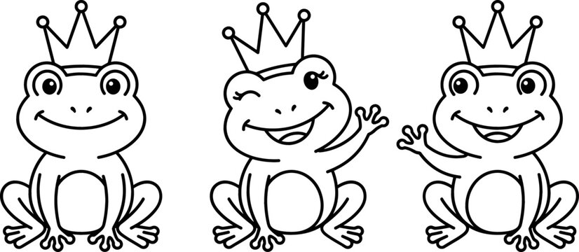 Cute Cartoon Frog Prince Vector Set with Royal Crown Wearing Little Toads Waving and Smiling Cheerfully for Kids Coloring Page