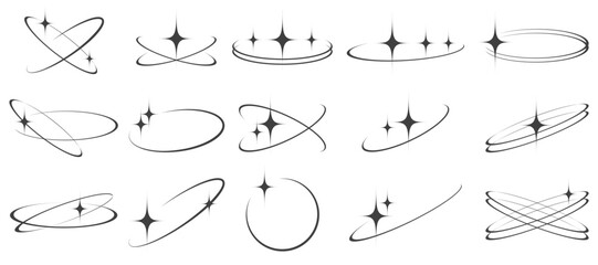 Y2K stars vector icons with orbits. Universe symbols of cosmic sparkles for retro design. Abstract celestial elements. © Chorna_L
