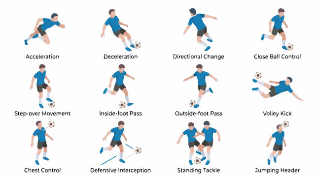 Illustrated soccer player performing various skills and movements.
