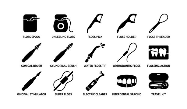 Dental floss and interdental tool icons arranged in grid