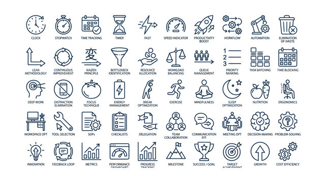 Modern linear icons illustrating business management time management productivity optimization and strategic continuous improvement principles
