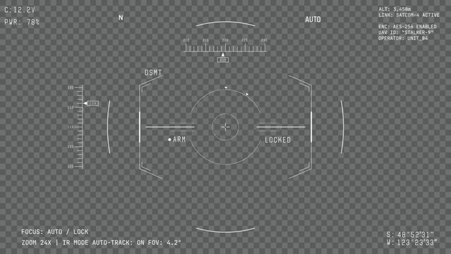 War drone camera viewfinder overlay. Template for military drone cam rec. Camera frame vector template. White lines Ui on transparent checkers background. Combat drone UI for games video, photo.