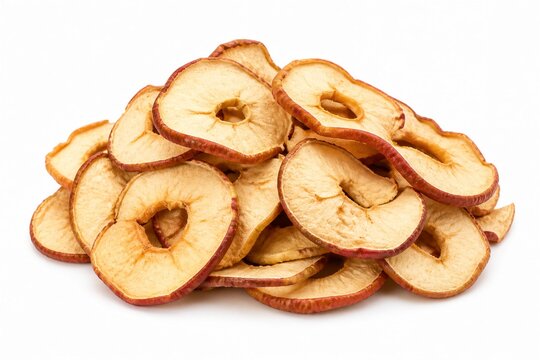 Dried apple slices piled neatly on a white surface. Crisp texture and warm tones dominate the visual. Each slice retains natural color and ring shape. Ideal for healthy eating, nutrition