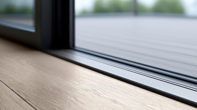 Stunning photo of close-up of a modern low-profile sliding glass door threshold track on a light oak wood floor leading to a terrace.