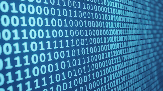 Abstract digital binary code streams flowing over a deep blue technological background with technology streaming computing information software programming background abstract security