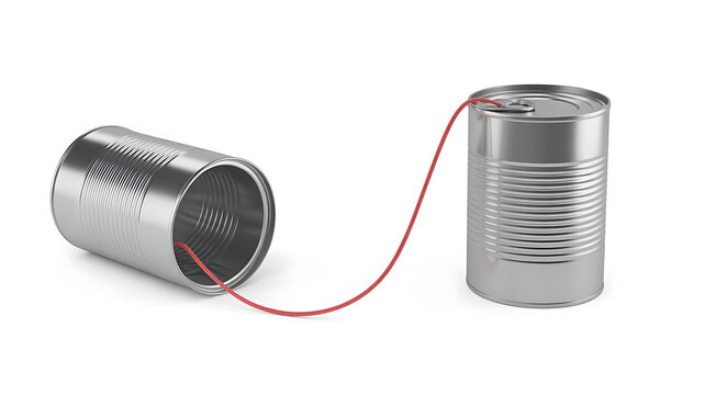 Single homemade tin can telephone connected by a red string isolated on a white background with telephone communication connected childhood technology conversation isolated background acoustic