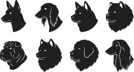Dog Breed Head Profile Silhouette Vector Icon Set Featuring Afghan Hound Shar Pei Akita and Chow Chow for Pet Veterinary Branding Designs © Ruhul