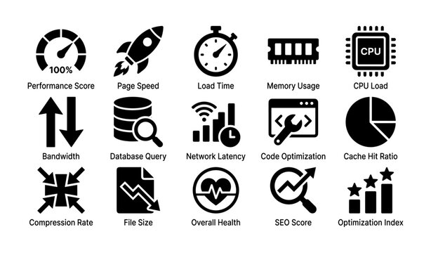 Performance icons showing speed, load and optimization metrics