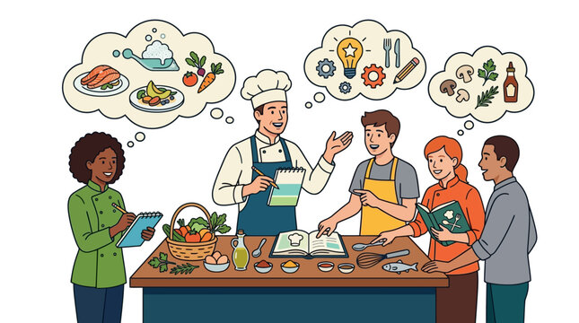 A professional chef teaching a diverse group of students in a culinary cooking class.