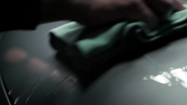 Close-up Hand Polishing Car Surface with Microfiber Cloth