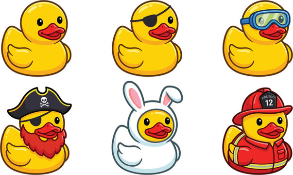 Set of cute yellow rubber ducks wearing different costumes including pirate firefighter and bunny vector illustration isolated on white background.
