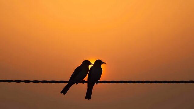 Two birds perched close together on a wire at sunset