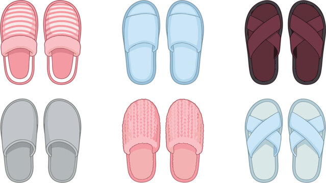 Set of different colorful cozy home slippers and indoor house shoes vector illustration isolated on white background.