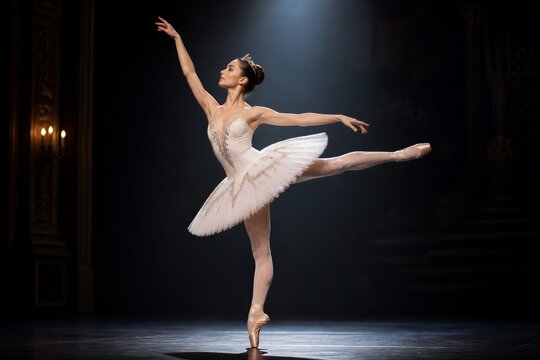 Ballerina glides on pointe, graceful and serene. Spotlight draws her elegance against dark, silent stage. Her arms arc like wings, embodying purity and art. Stylized tutu whispers movement, soft
