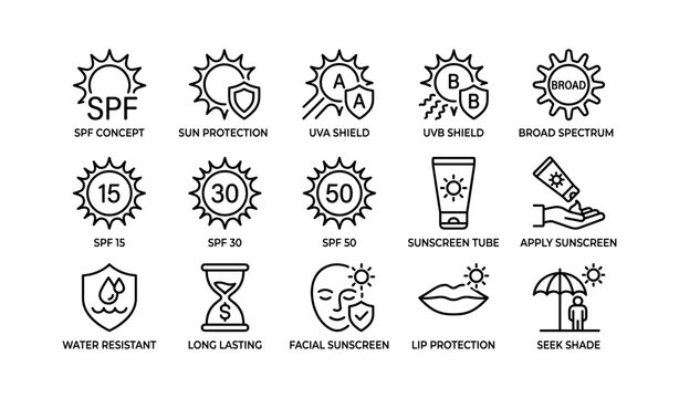 Sun protection and spf icons illustrating sunscreen concepts