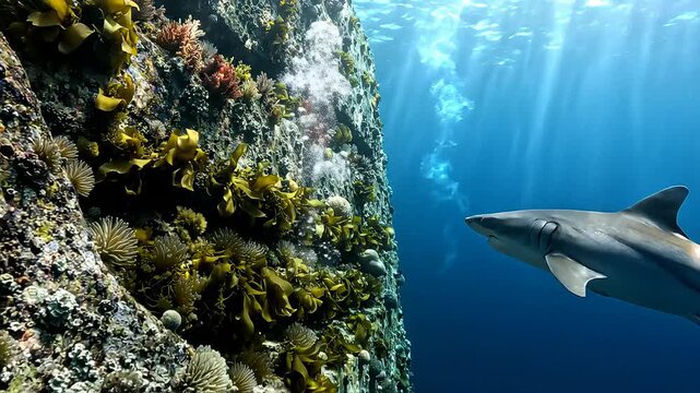 Sand tiger shark swimming past a rocky reef covered in kelp and sea anemones in deep blue ocean water with sunlight filtering through the surface and air bubbles rising