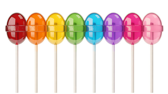 Colorful rainbow row of fruit flavored lollipops isolated on white background with lollipop colorful confectionery isolated multiple assorted
