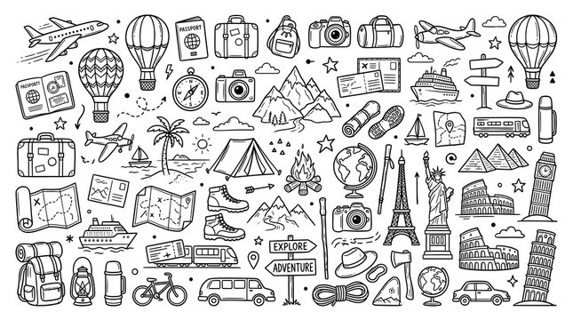 A comprehensive set of black and white line art doodles about travel, camping, and global tourism isolated on a white background