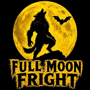 Halloween Werewolf Howling at Yellow Full Moon Vintage Graphic Illustration with Bat and Grunge Text FULL MOON FRIGHT