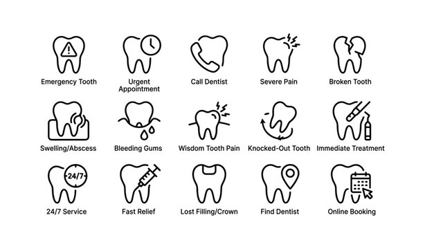 Tooth emergency icons showing symptoms and services on white