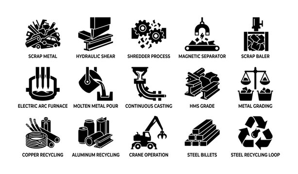 Metal recycling and processing icons showing industrial stages