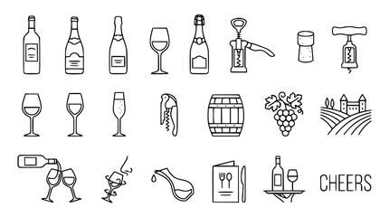 Minimal Wine Bottle and Glass Outline Collection with Winery Beverage and Hospitality Symbols © Shohel