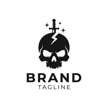 Black skull mascot logo with dagger through crown.