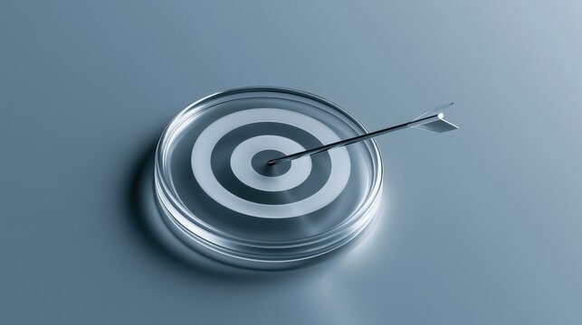 Stunning photo of minimal 3D icon of transparent glass style target with arrow, symbolizing accuracy, goal achievement, focus, and business objectives in modern digital context.