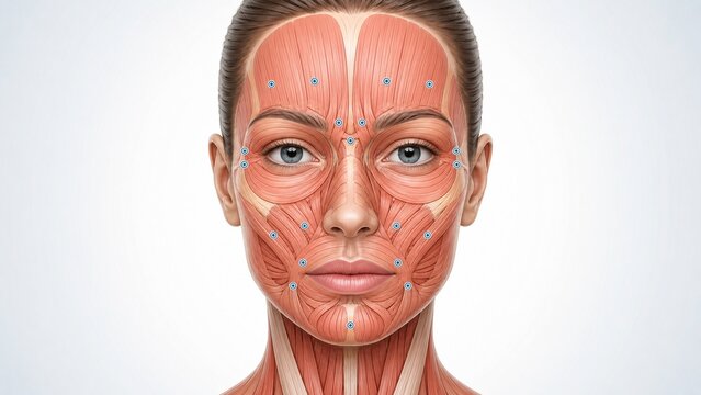 Detailed medical illustration of female face muscle anatomy with labeled muscle fibers and structure