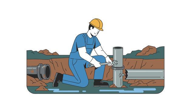 Construction worker in a hard hat kneeling in a trench uses a large wrench to repair a broken pipe during an outdoor maintenance task.