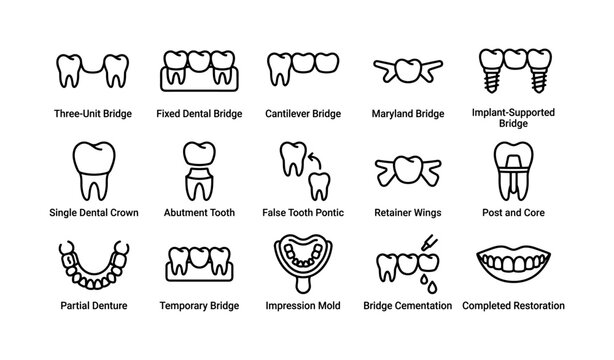Dental bridge and restoration icons showing prosthetics and procedures