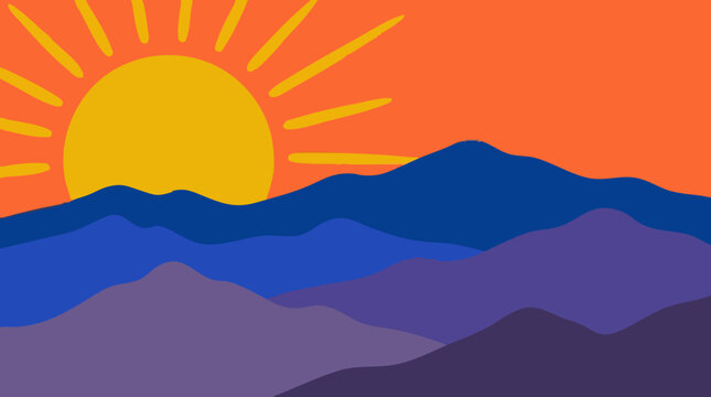 Stylized mountain landscape with vibrant sun and layered colorful peaks