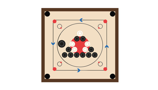 Strategic carrom board setup featuring directional arrows and game pieces arranged for professional play on a classic tabletop surface.