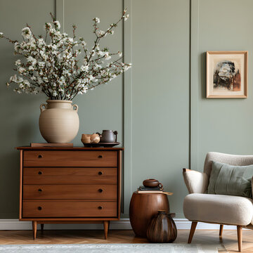 Stylish living room interior design includes a wooden chest of drawers, a beige vase, and creative home accessories. Sage green walls. Copy space. Template.