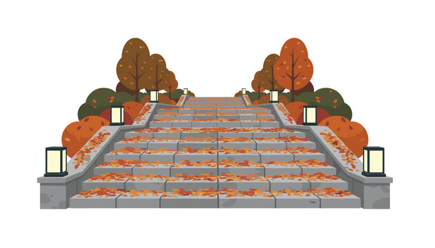 Majestic stone stairway leading upwards flanked by vibrant autumn trees and glowing lanterns scattered along the manicured garden path.